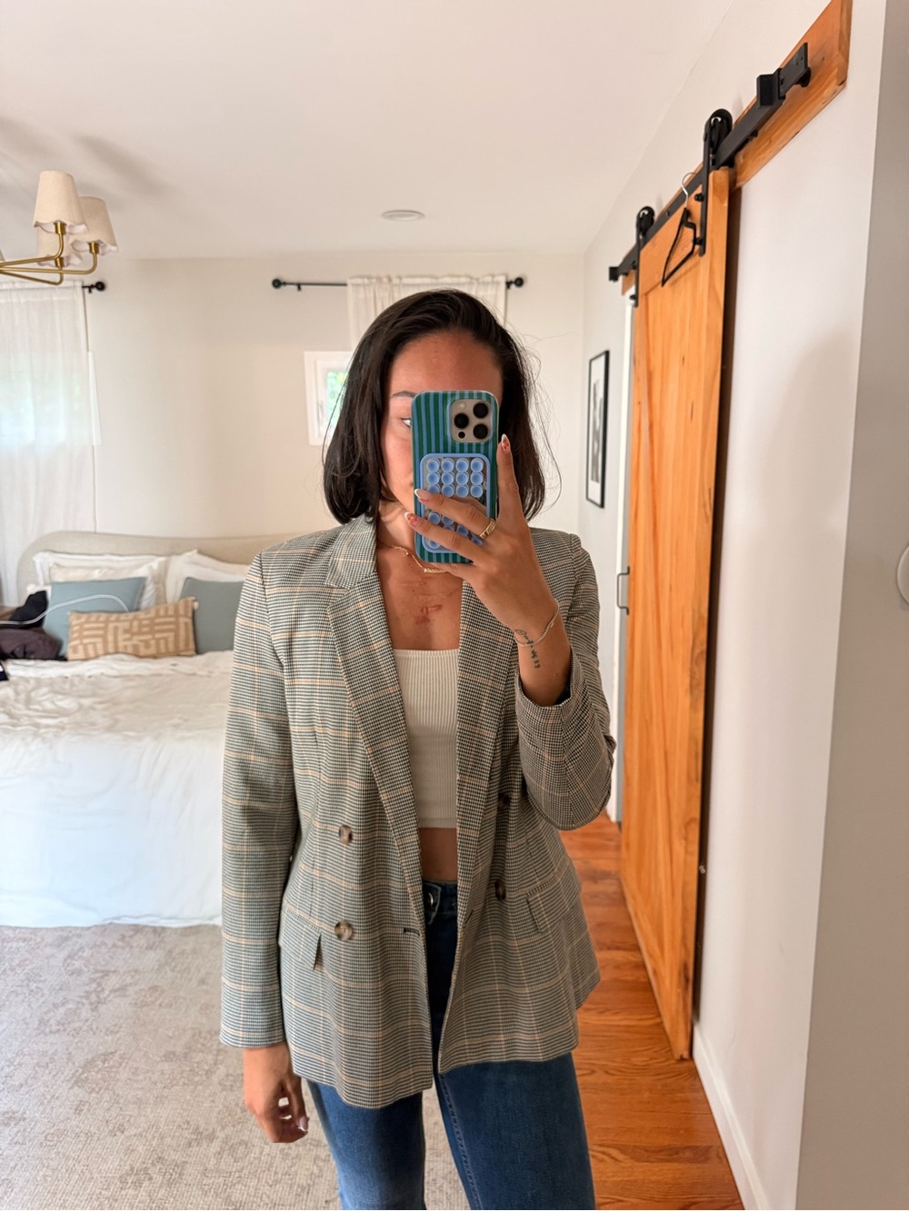 Vero Moda Plaid Double-Breasted Blazer in Gray and Tan
